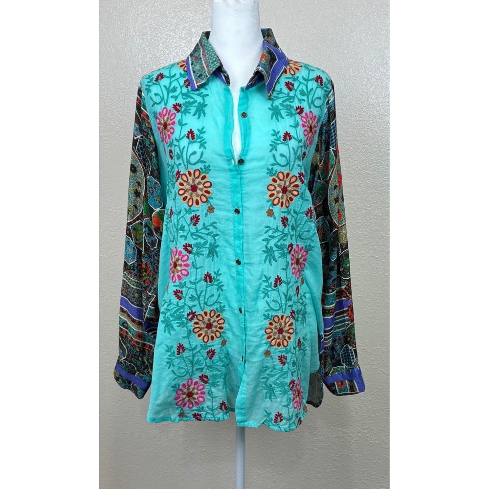Anthropologie Boho Turquoise Floral Embroidered Button Down Shirt Turquoise L